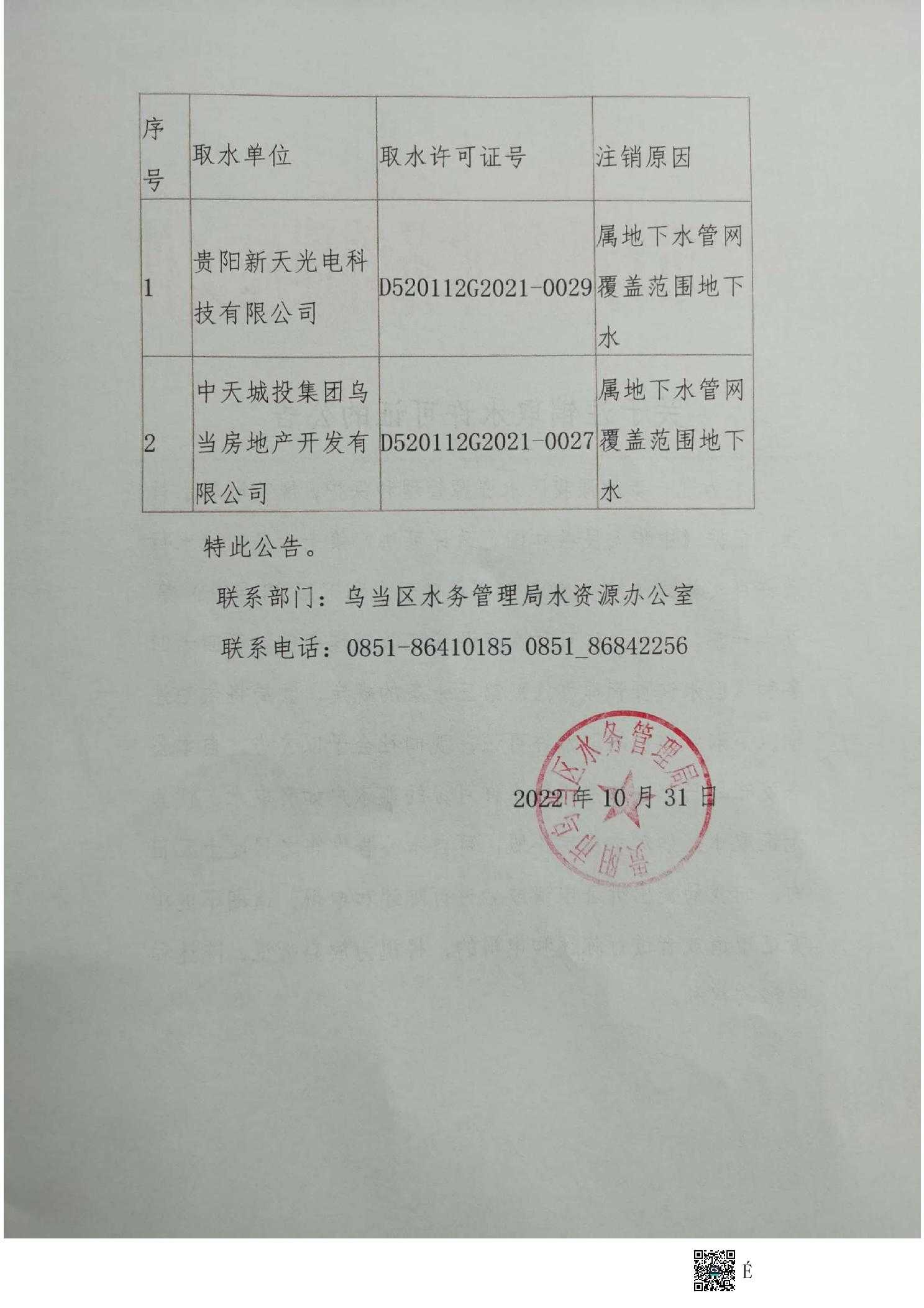 关于注销中天房地产开发有限公司及贵阳星光实业有限公司取水许可证公告