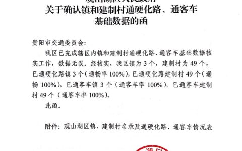 观山湖区人民政府关于确认镇和建制村通硬化路、通客车基础数据的函