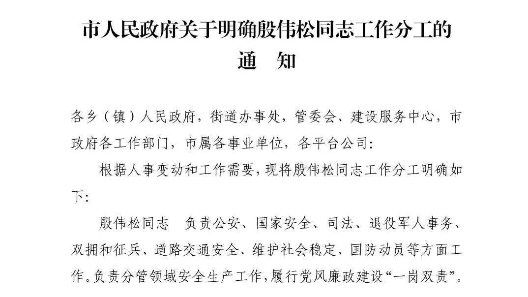 清府发〔2023〕8 号  市人民政府关于明确殷伟松同志工作分工的通知
