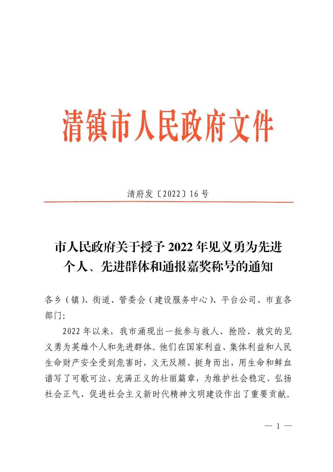 清府发〔2022〕16号 市人民政府关于授予2022年见义勇为先进个人、先进群体和通报嘉奖称号的通知