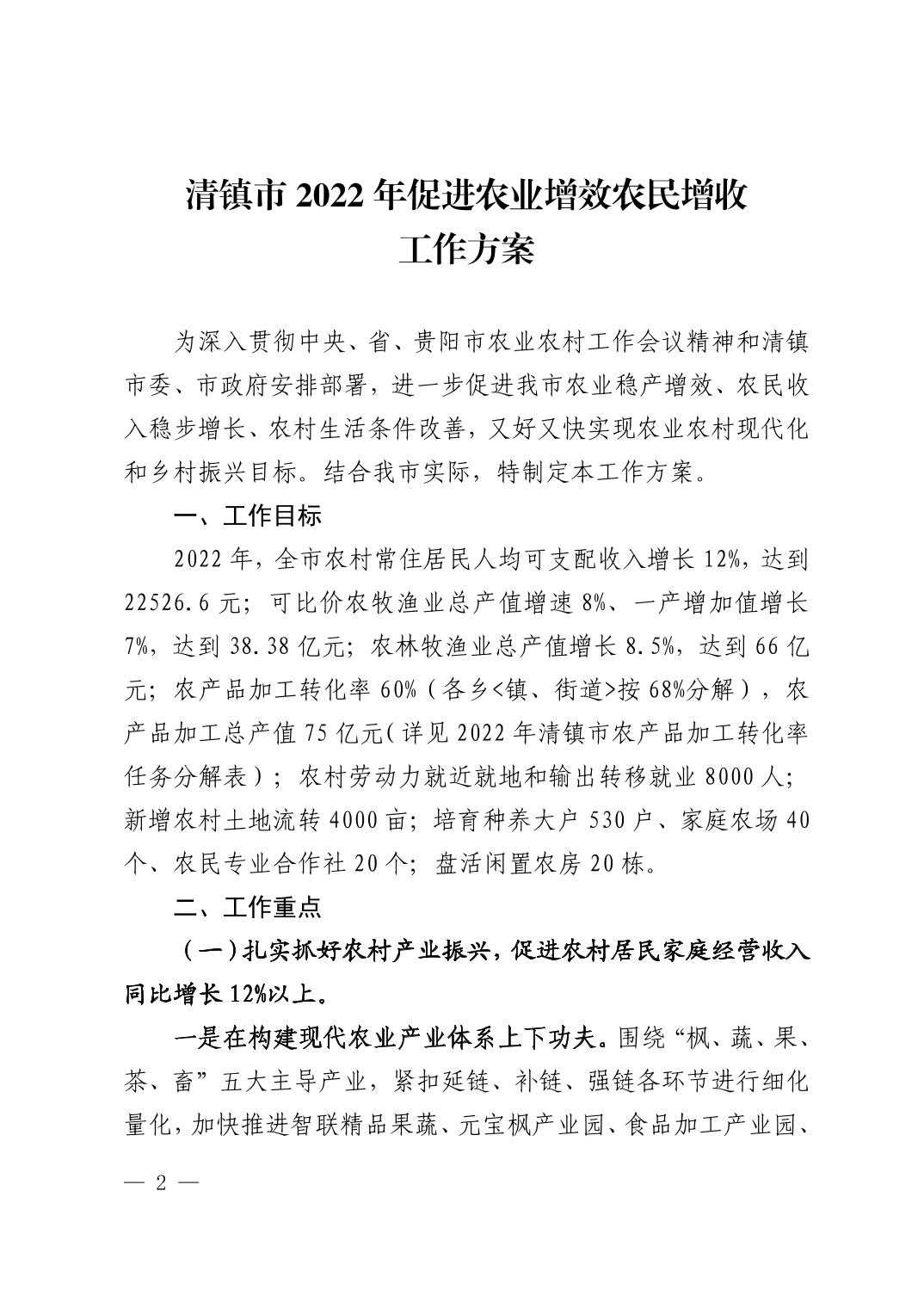 20220824e1f513cd_1.jpg 清府办发〔2022〕9号 市人民政府办公室关于印发《清镇市2022年促进农业增效农民增收工作方案》的通知
