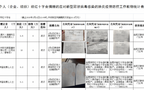 清镇市辖区个人（企业、组织）经红十字会捐赠的应对新型冠状病毒感染的肺炎疫情防控工作款物统计表