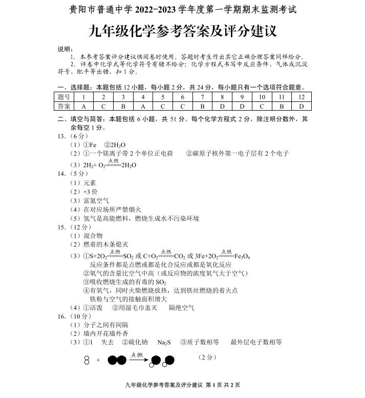 贵阳市普通中学2022-2023学年度第一学期期末监测考试九年级化学参考答案及评分建议