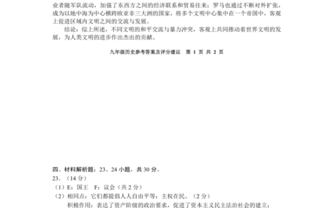 贵阳市普通中学2022－2023学年度第一学期期末监测考试九年级历史参考答案及评分建议